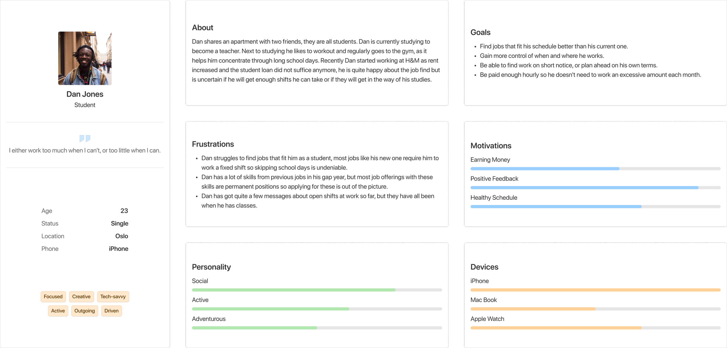 Info about the persona, name, age, occupation, hobbies, goals and frustrations