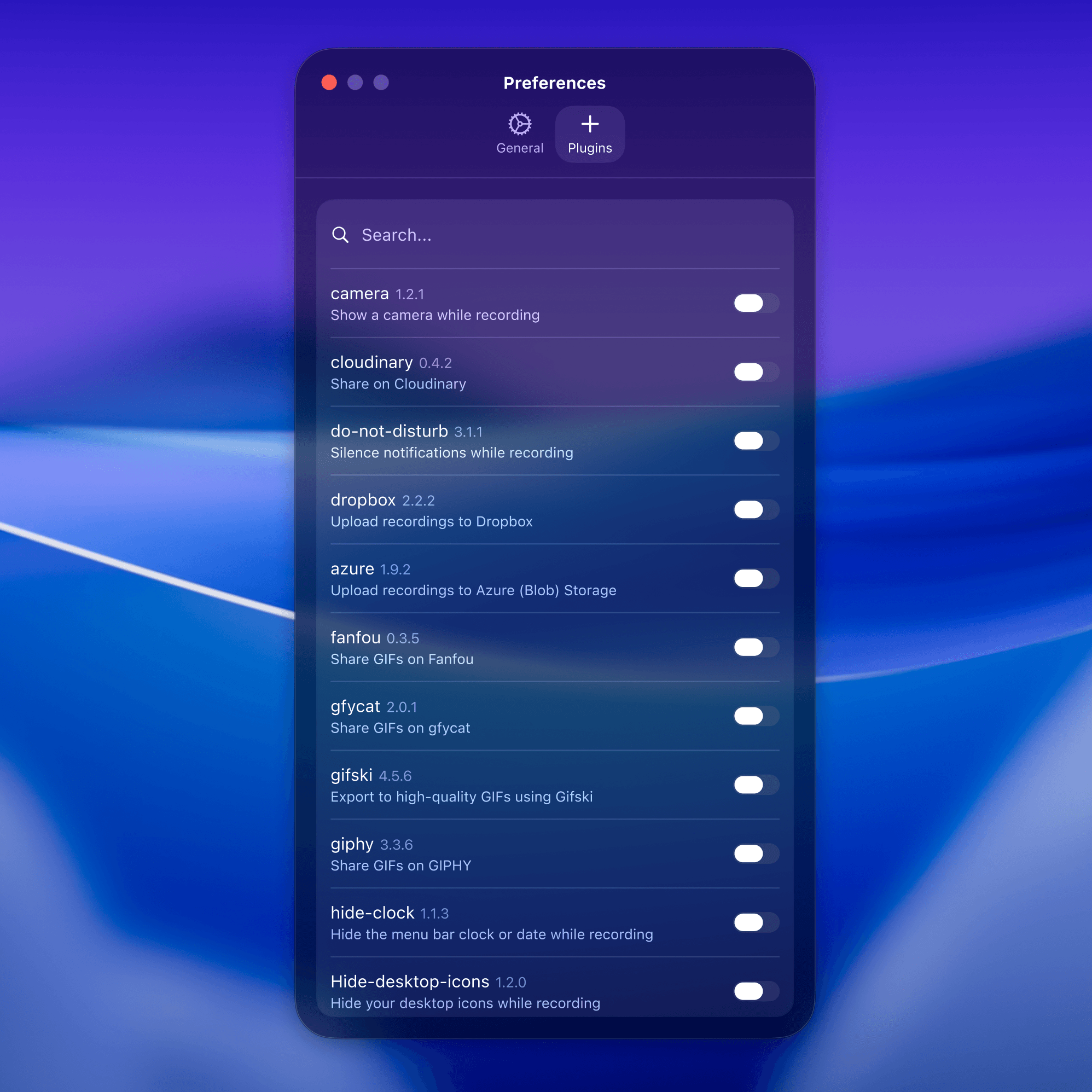 Plugins preferences window in Kap